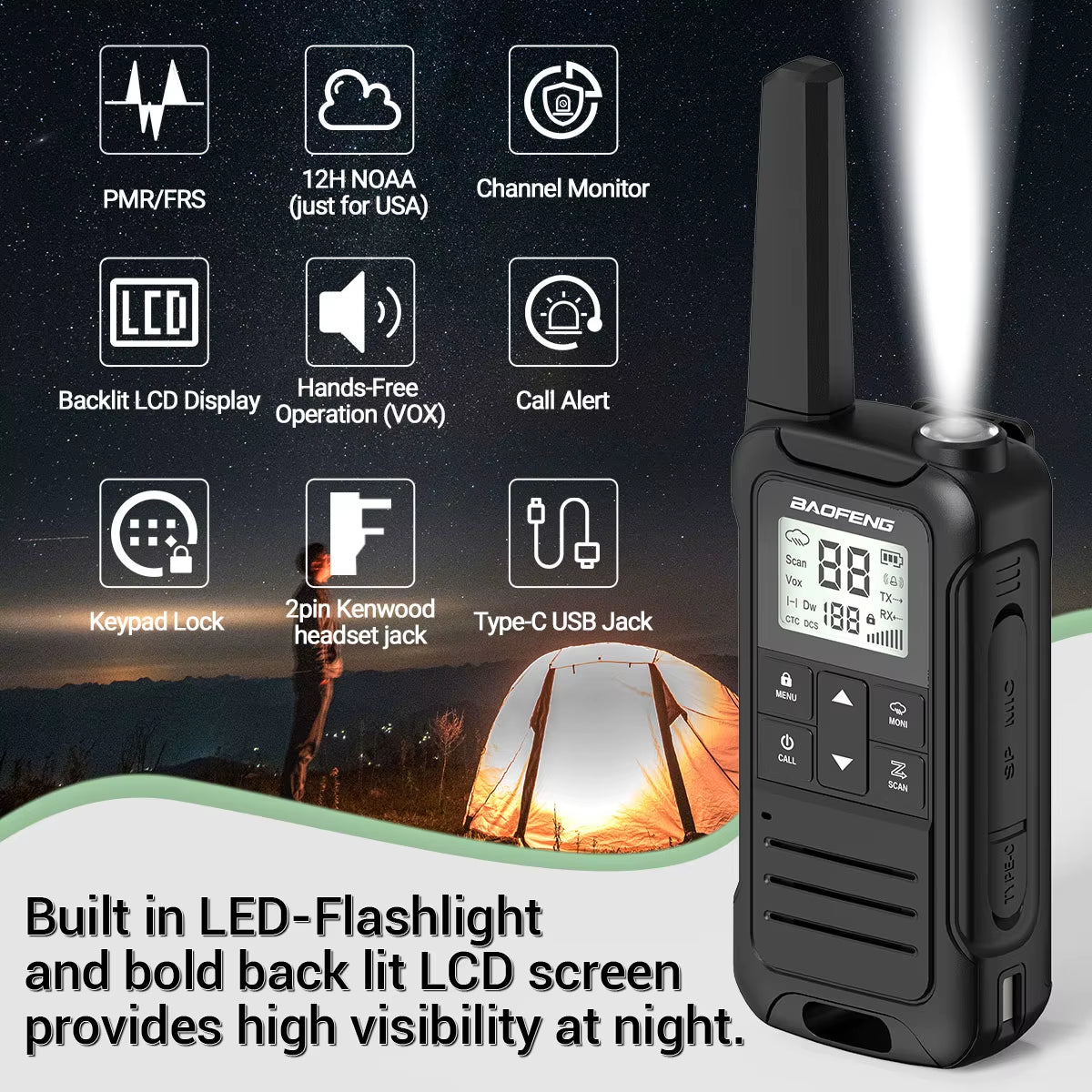 2PCS F22 PMR FRS Mini Walkie Talkie Waterproof Type-C Licence-Free NOAA Portable Two Way Ham Radio for Hunting
