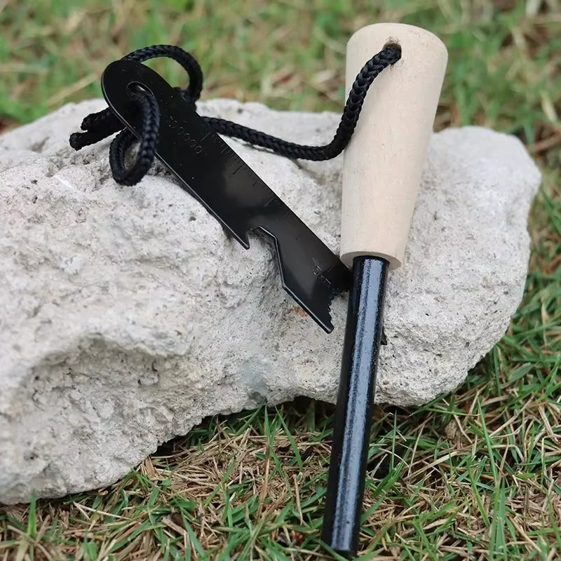 Wilderness Survival Portable Flint Kit - Magnesium Fire Starter with Wooden Handle for Outdoor Camping Equipment