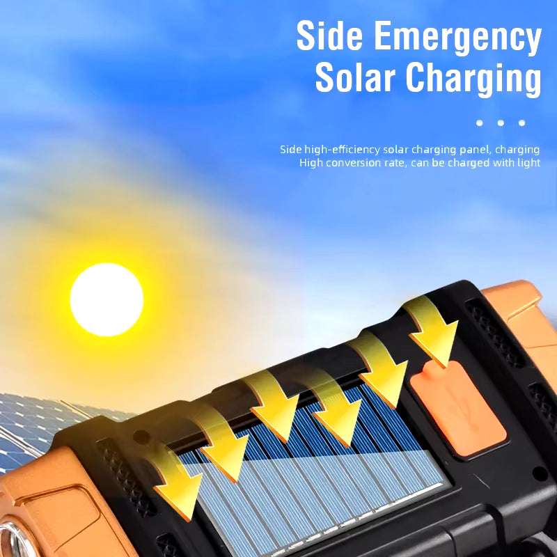 Powerful USB Rechargeable Solar LED Flashlight with COB Work Light & Emergency Mobile Charging - Perfect for Camping Adventures
