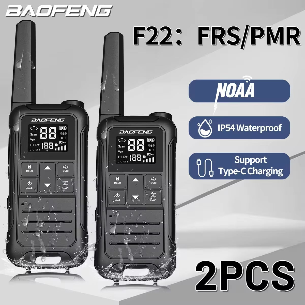2PCS F22 PMR FRS Mini Walkie Talkie Waterproof Type-C Licence-Free NOAA Portable Two Way Ham Radio for Hunting
