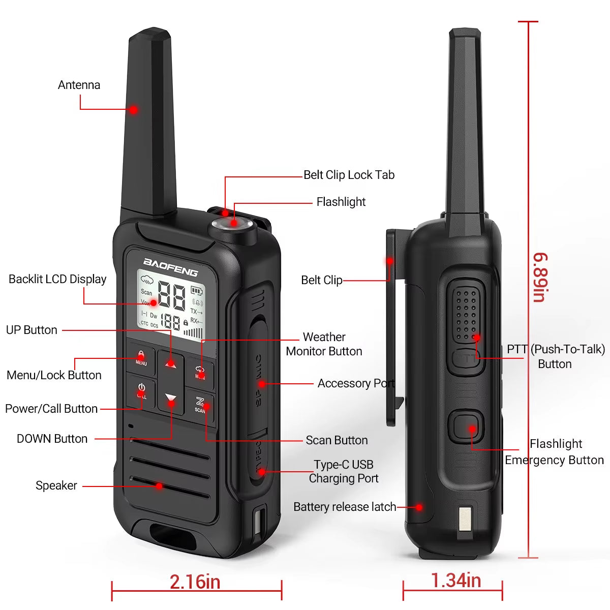 2PCS F22 PMR FRS Mini Walkie Talkie Waterproof Type-C Licence-Free NOAA Portable Two Way Ham Radio for Hunting