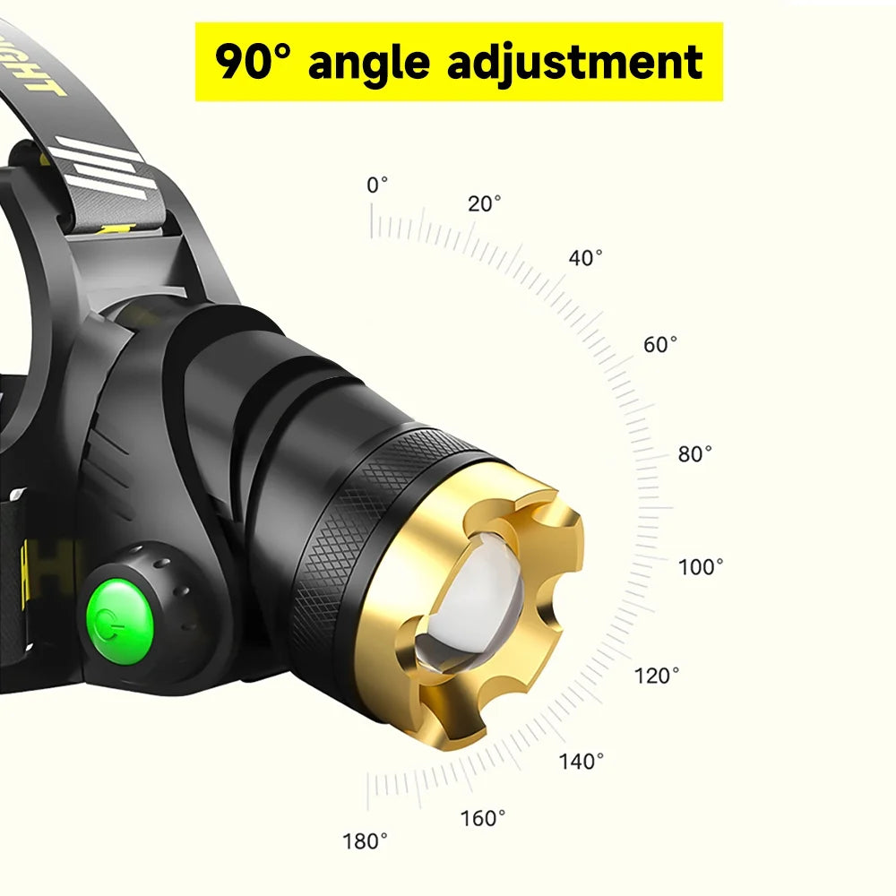 Powerful 9900 Lumen LED Rechargeable Headlamp - 3 Modes, 90° Adjustable, Ideal for Camping and Outdoor Adventures