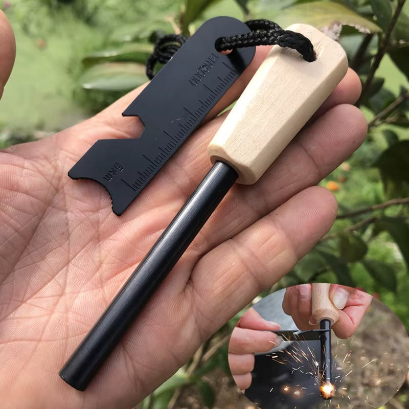 Wilderness Survival Portable Flint Kit - Magnesium Fire Starter with Wooden Handle for Outdoor Camping Equipment