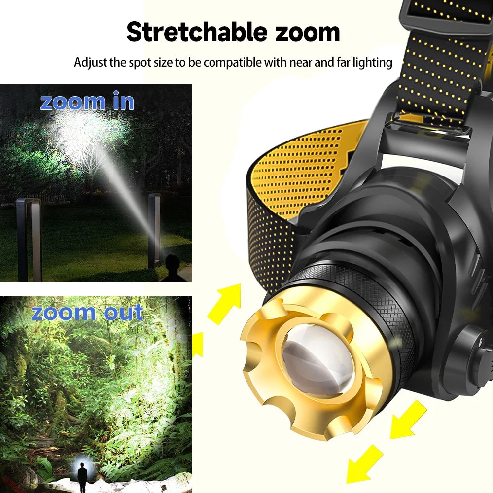 Powerful 9900 Lumen LED Rechargeable Headlamp - 3 Modes, 90° Adjustable, Ideal for Camping and Outdoor Adventures