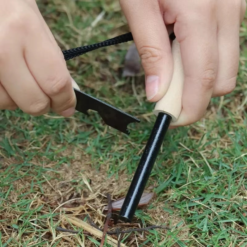 Wilderness Survival Portable Flint Kit - Magnesium Fire Starter with Wooden Handle for Outdoor Camping Equipment