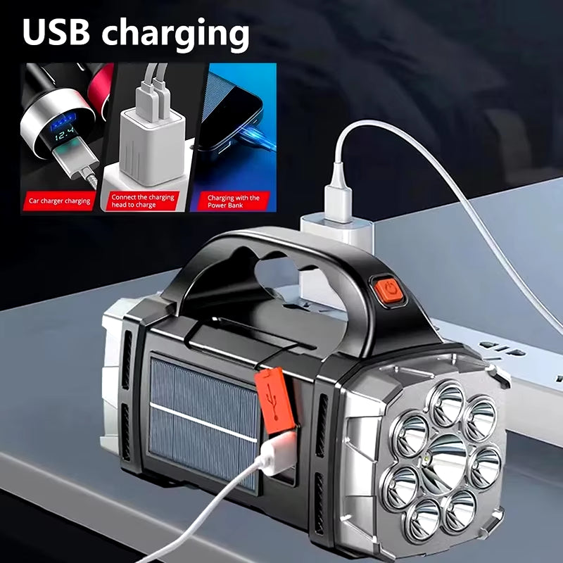 Powerful USB Rechargeable Solar LED Flashlight with COB Work Light & Emergency Mobile Charging - Perfect for Camping Adventures