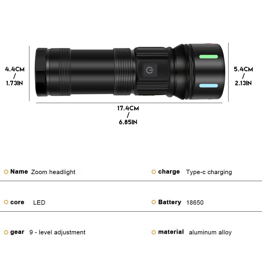 Illuminate Your Adventures with the Versatile Rechargeable 7070 LED Flashlight - Multi-Color Lighting & Durable Aluminum Design for Every Outdoor Emergency