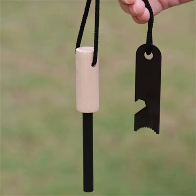 Wilderness Survival Portable Flint Kit - Magnesium Fire Starter with Wooden Handle for Outdoor Camping Equipment