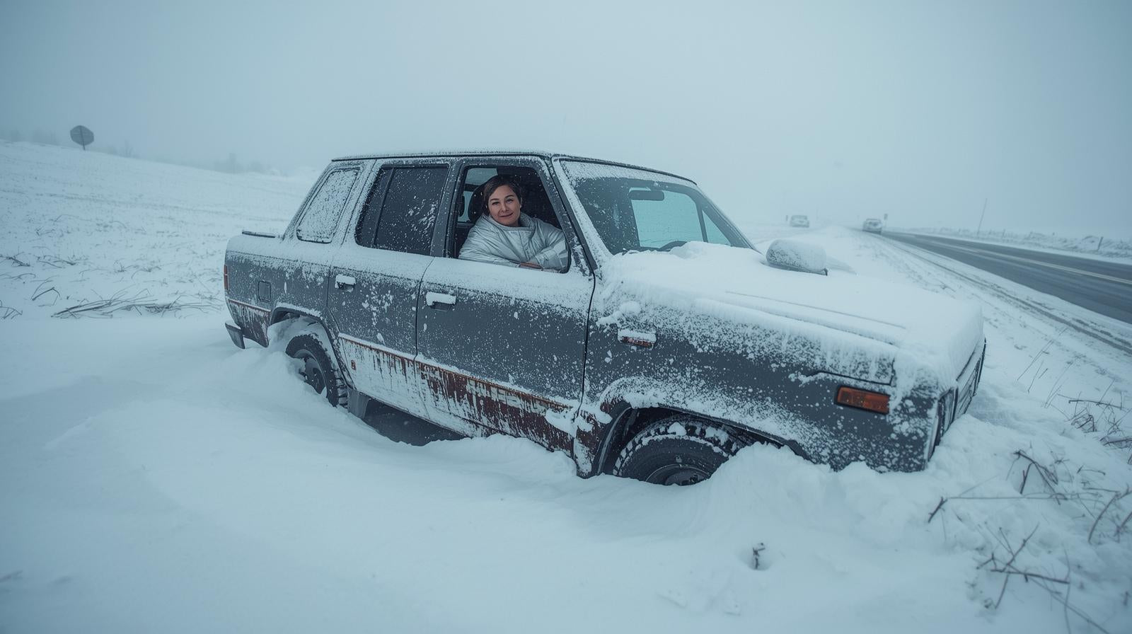 Car stuck in the snow with a lady wrapped in a thermal blanket @LostOffGrid.store