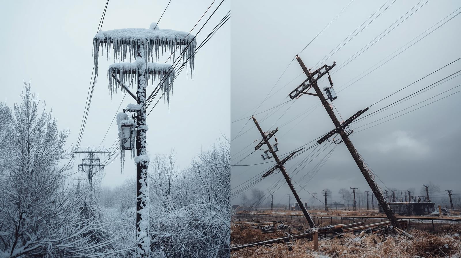 split image view downed power due to ice or wind kits @LostOffGrid.store