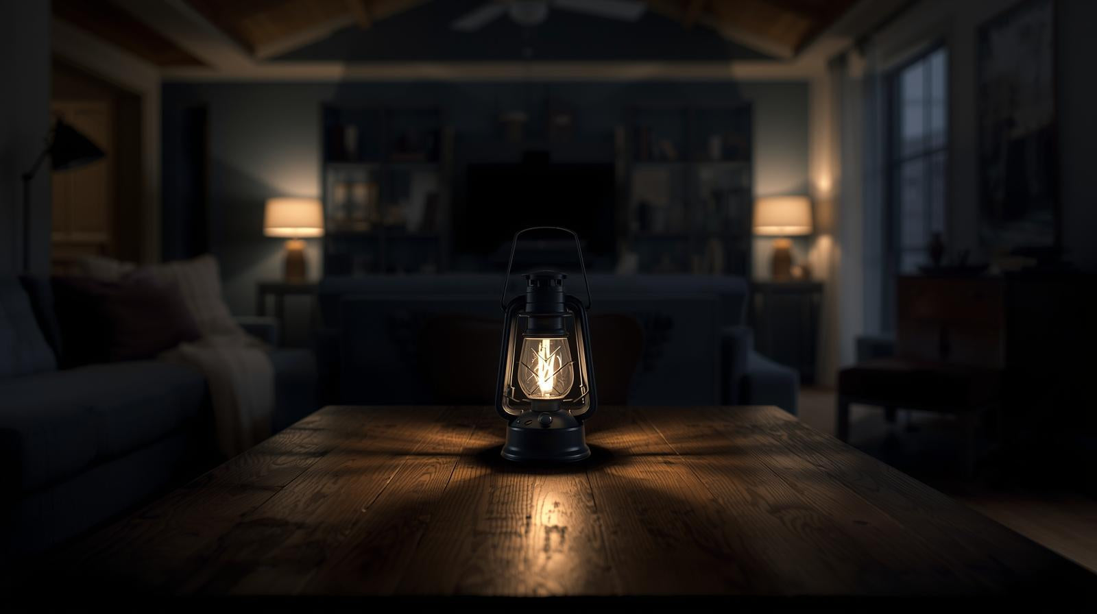 A single lantern on a table in a dark home during a power outage kits@LostOffGrid.Store