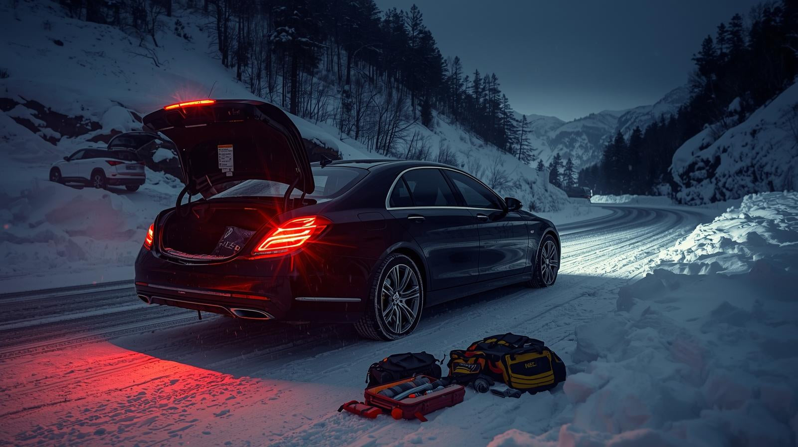 Luxury brand sedan car pulled over during a snowy night kits@LostOffGrid.store