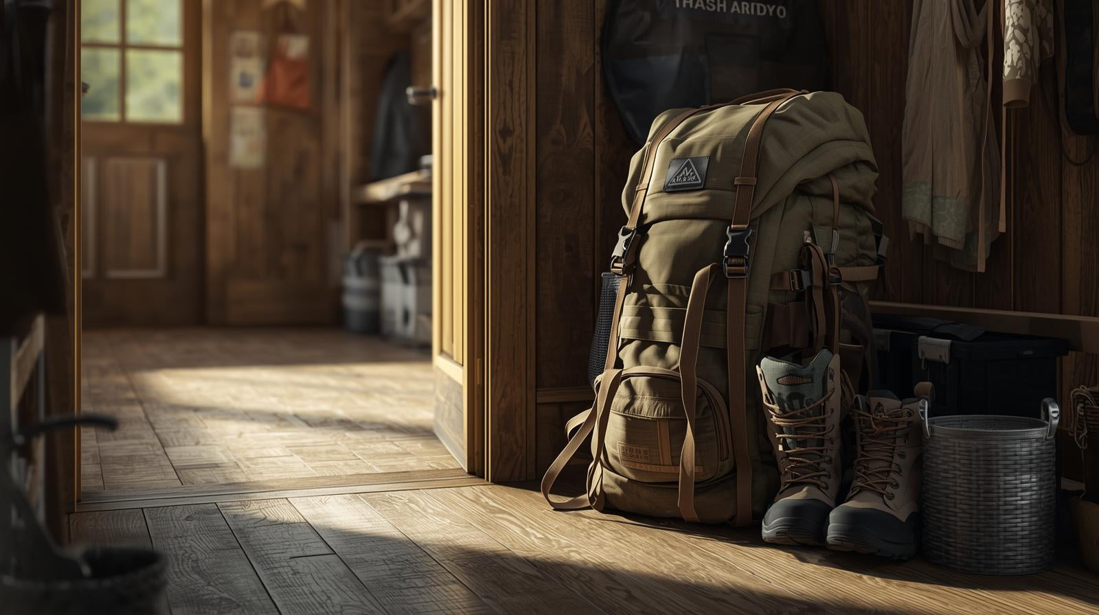 Backpack with boots besides it next to the doorway of a mudroom Bug Out Bags@LostOffGrid.store