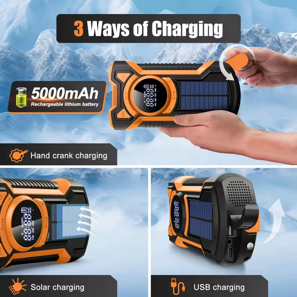 Emergency Radio Hand Crank Solar 5000Mah, IP65 Waterproof Dustproof Bluetooth 5.3 Portable AM/FM/NOAA Weather Alert Radio