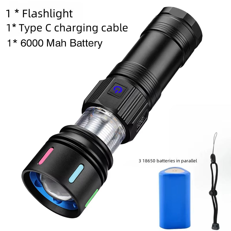 Illuminate Your Adventures with the Versatile Rechargeable 7070 LED Flashlight - Multi-Color Lighting & Durable Aluminum Design for Every Outdoor Emergency
