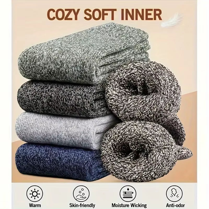 Men's Winter Warm Thick Mid-Calf Socks - 3 Pairs of Anti-Cold Elastic Solid Color Towel Socks for Snow Boots