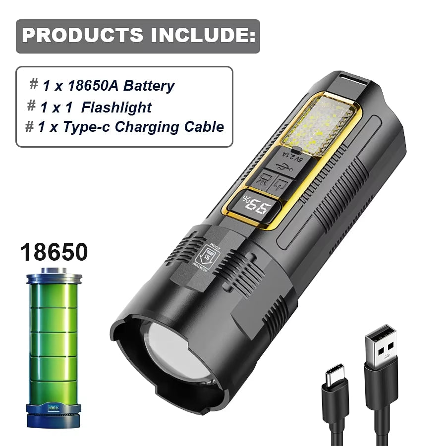 Super Bright LED Flashlight 300M Long Shot Type-C Rechargeable Torch Portable Spotlight 18650 Battery Lamp Power Bank Lantern