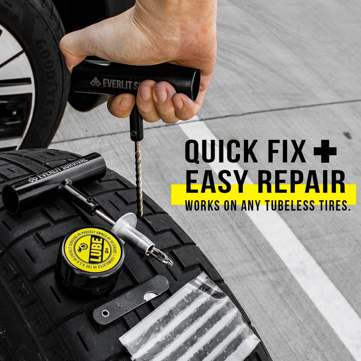 All-in-One Ultimate Tire Repair Kit with Powerful Air Compressor - Your Essential Solution for Flat Tires on Cars, Trucks, SUVs, Motorcycles, ATVs, and Trailers