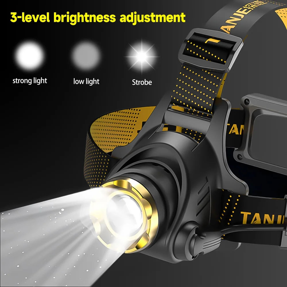 Powerful 9900 Lumen LED Rechargeable Headlamp - 3 Modes, 90° Adjustable, Ideal for Camping and Outdoor Adventures