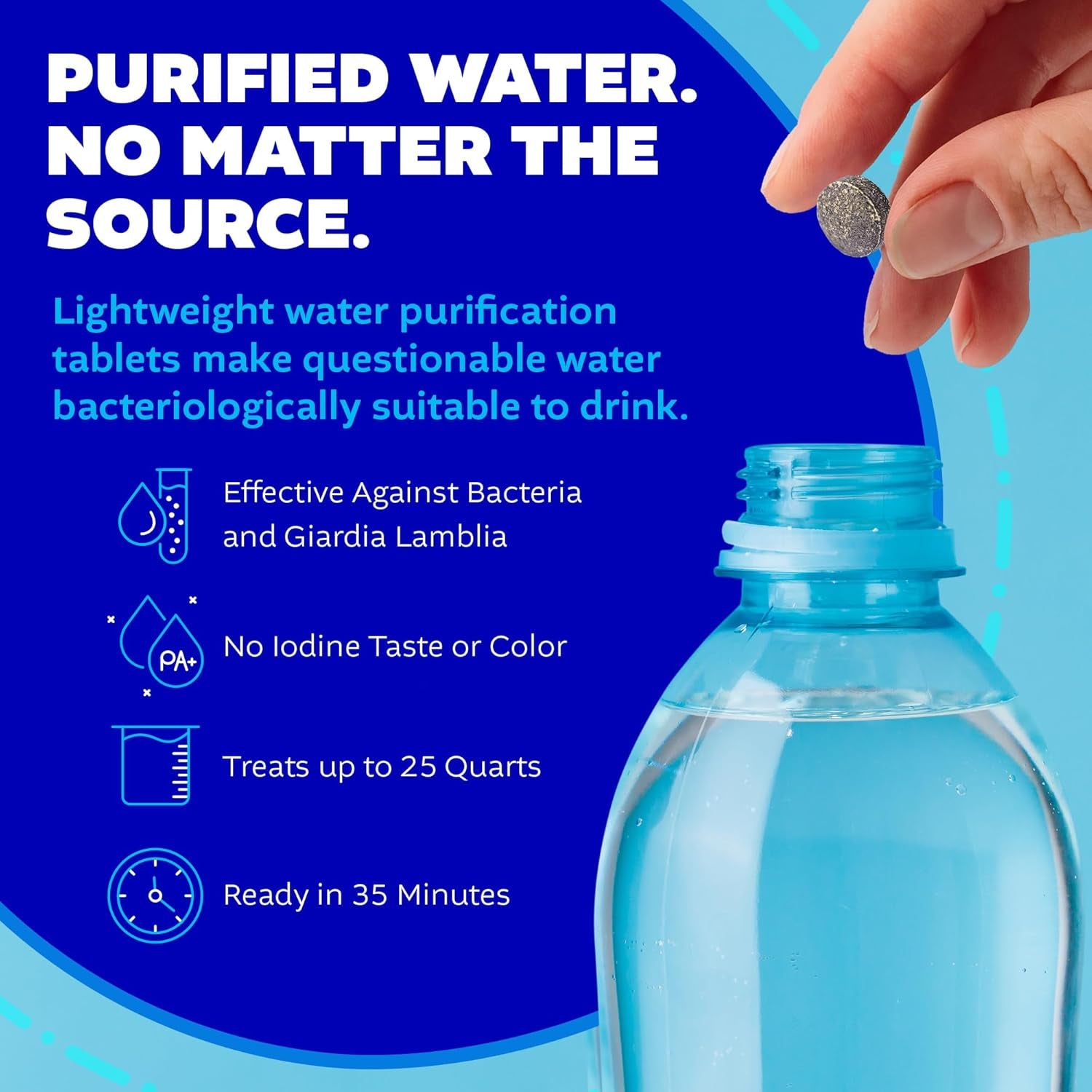Water Purification Tablets with PA Plus - Ultimate Portable Solution for Camping, Hiking, Emergencies, and Travel - Two 50Ct Bottles