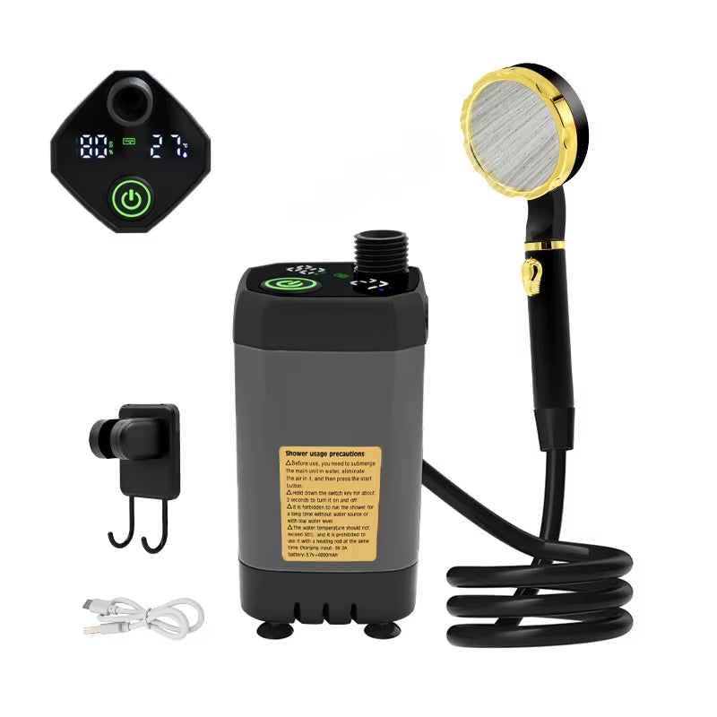 Revolutionary Portable Camping Shower Pump with Smart Digital Display - 6000mAh Adjustable Outdoor Shower Solution