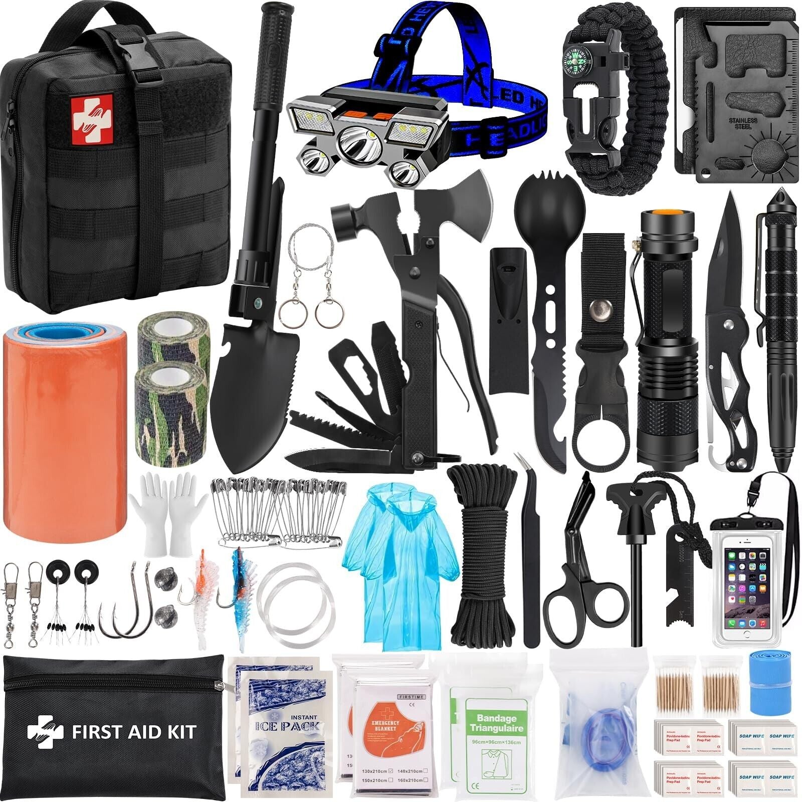 Ultimate 142-Piece Survival Kit with Molle Pouch - Essential Gear for Camping and Outdoor Adventures!