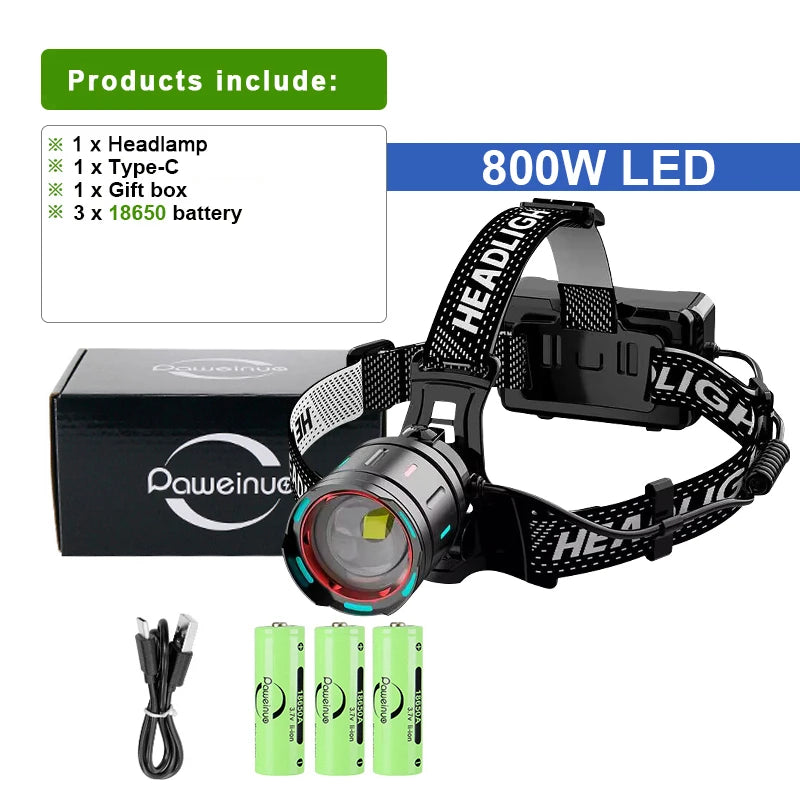 2025 New High Power 800W LED Headlight 500000000LM Super Bright Zoom Waterproof Headlamp Outdoor Camping Work Hunting Lantern