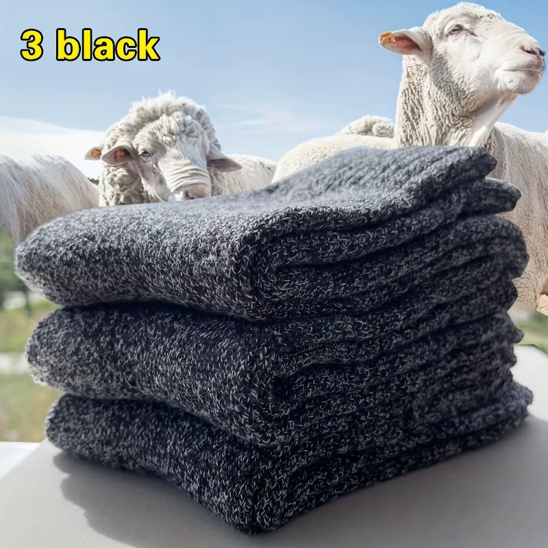 Men's Winter Warm Thick Mid-Calf Socks - 3 Pairs of Anti-Cold Elastic Solid Color Towel Socks for Snow Boots