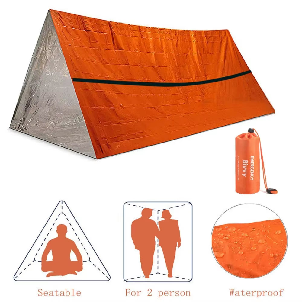 Outdoor 2-Person Emergency Shelter Survival Tent Kit Tube Tent Sleeping Bag Waterproof Outdoor First Aid Hot Blanket Reusable