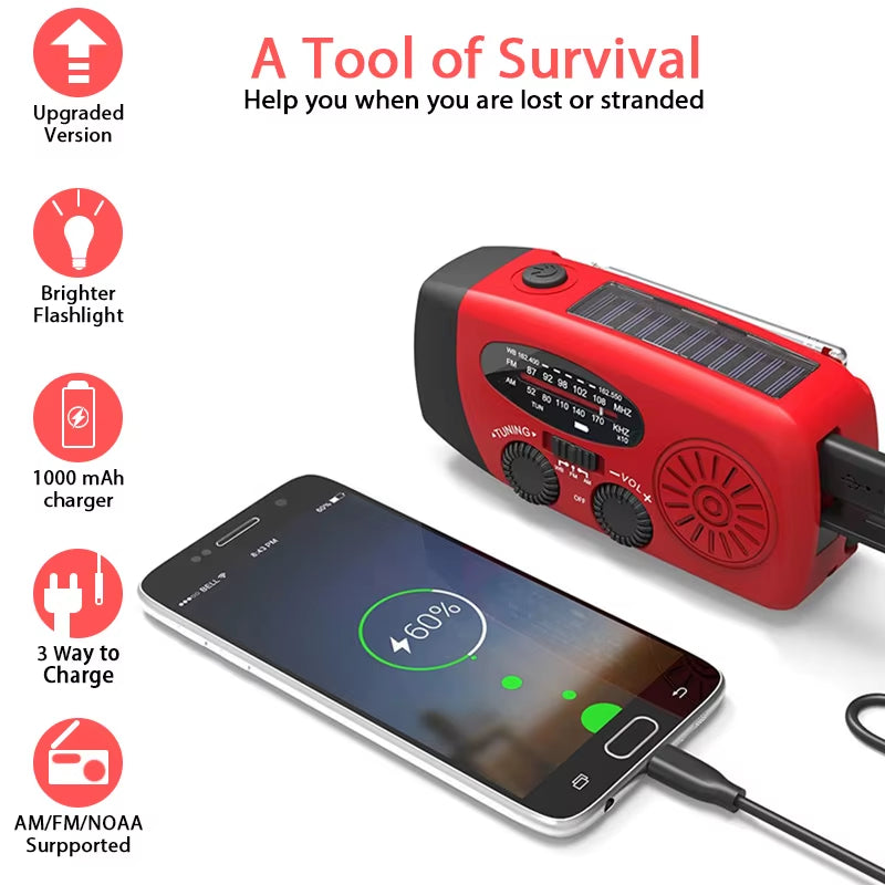 Stay Prepared with the Ultimate Solar-Powered Emergency Radio - NOAA/AM/FM, LED Flashlight & Power Bank