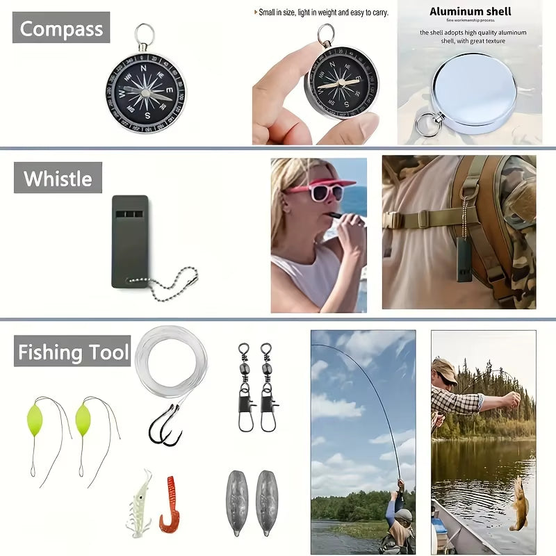 57-Piece Comprehensive Survival and First Aid Kit: Essential Emergency Equipment with Fire Starter for Camping, Fishing, and Emergency Situations