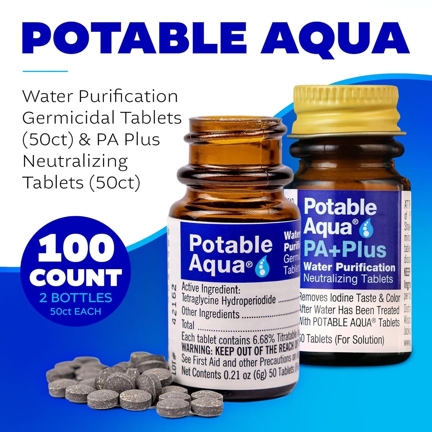 Water Purification Tablets with PA Plus - Ultimate Portable Solution for Camping, Hiking, Emergencies, and Travel - Two 50Ct Bottles