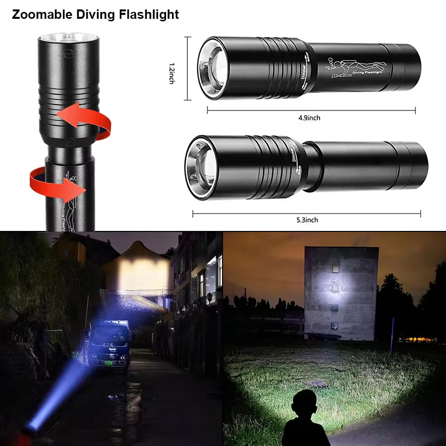 Powerful LED Diving Flashlight Zoomable Underwater Torch Professional Diving 300M Dive Lights IPX8 Waterproof Fishing Lantern
