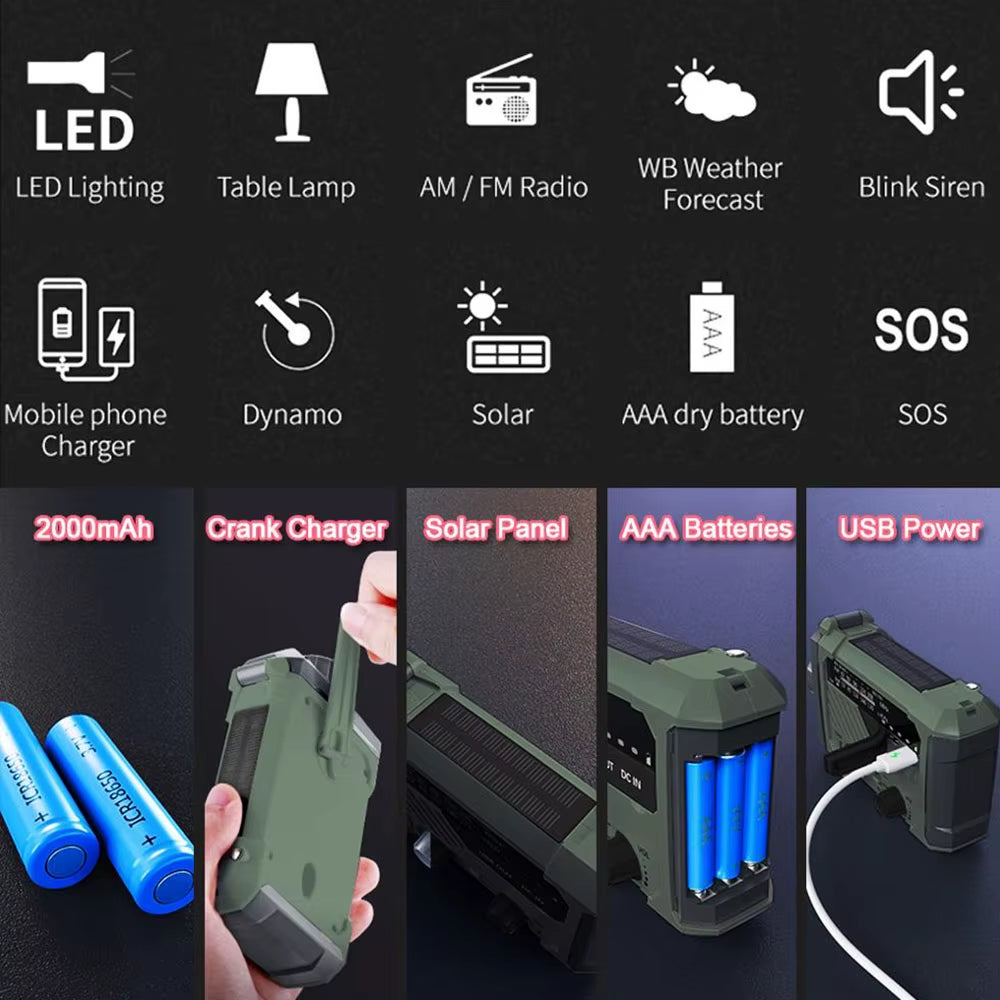 Emergency Solar Radio with Handle, Portable 3-Mode Flashlight SOS Siren Cell Phone Charger Camping Survival Gear and Supplies