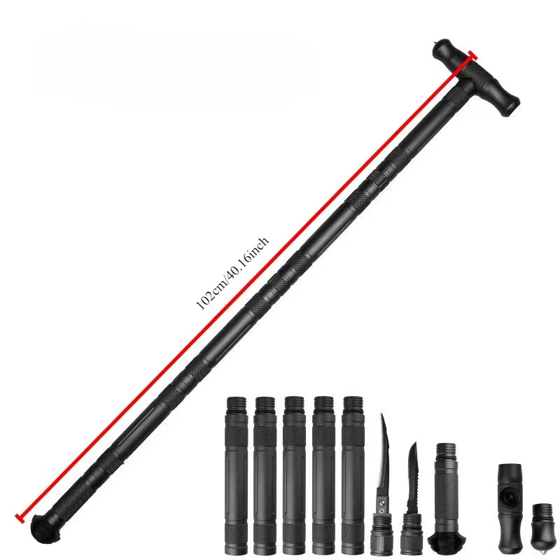 Tungsten Steel T-Type Multifunctional Self-Defense Walking Stick - Portable & Detachable for Outdoor Adventures