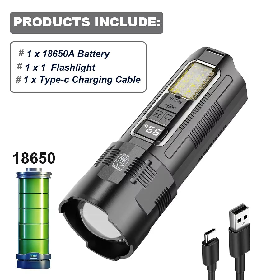 Super Bright LED Flashlight 300M Long Shot Type-C Rechargeable Torch Portable Spotlight 18650 Battery Lamp Power Bank Lantern