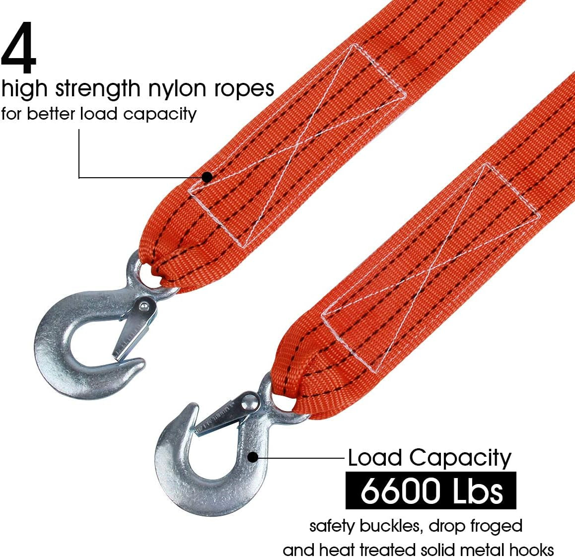 Heavy-Duty 20FT Tow Strap with Hooks - 10,000LB Break Strength for Emergency Vehicle Recovery
