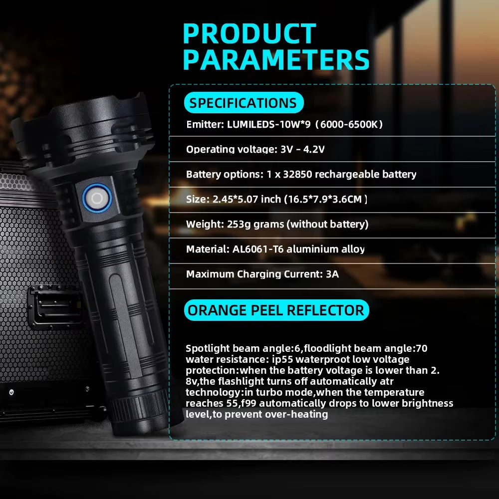 Ultra-Bright 5100 Lumen LED Torch - Rechargeable Aluminum Flashlight with SOS Mode for Outdoor Adventures