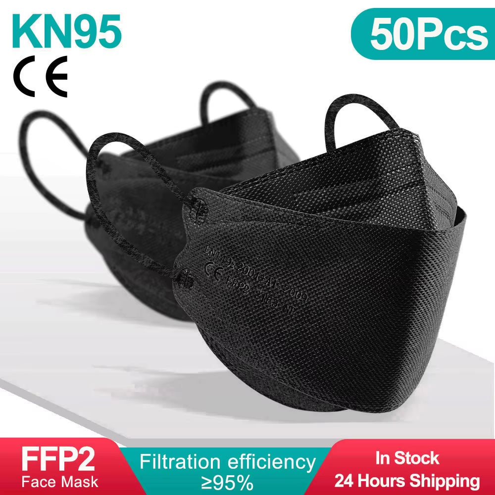 Premium FFP2 KN95 Black Fish Masks - Ultimate Protection in 10 to 100 Packs, CE Certified for Your Safety