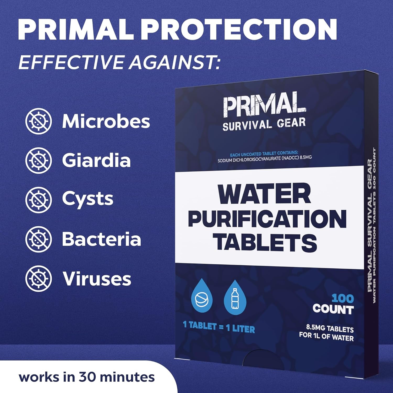 Ultimate Water Purifier Tablets – Essential Emergency Water Filtration for Hiking, Camping, and Survival – 100 Tablets for Safe Drinking Water – Purificador De Agua - 1L