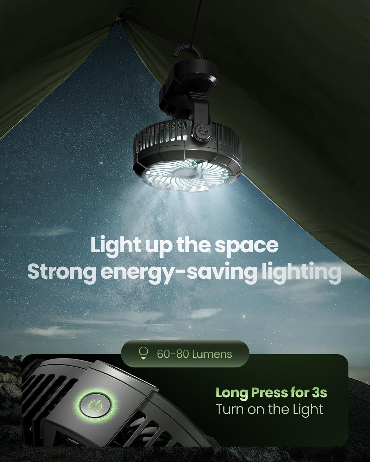 Stay Cool Anywhere: 2-in-1 Portable Camping Fan & LED Lantern with 360° Rotation and 3 Speed Settings - Perfect for Indoor & Outdoor Adventures!