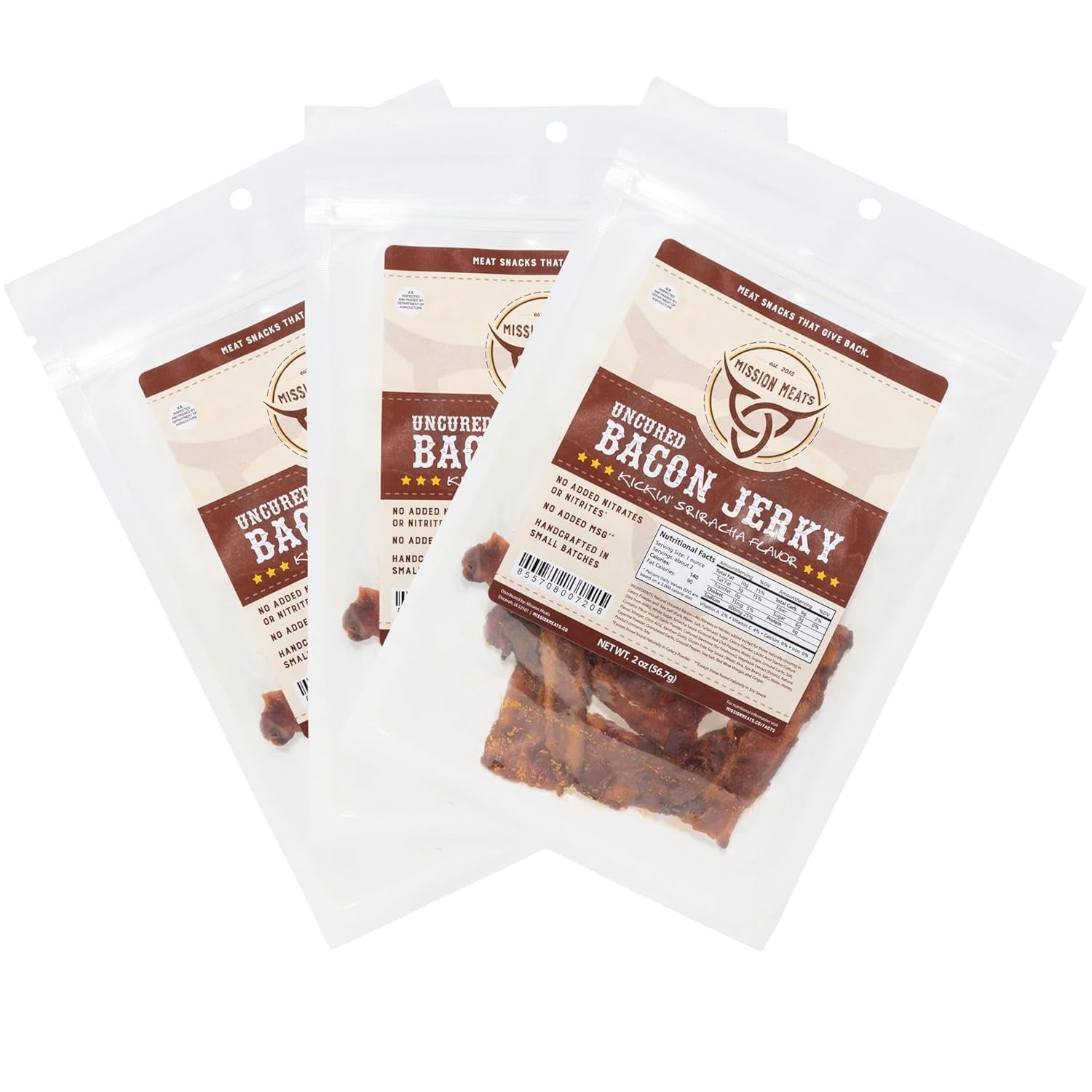 Savory Candied Sriracha Bacon Jerky – Sweet & Spicy Snack Delight, Small Batch Uncured Treat, Perfect for Gift Baskets & Stocking Stuffers, 3-Pack (2oz Bags)