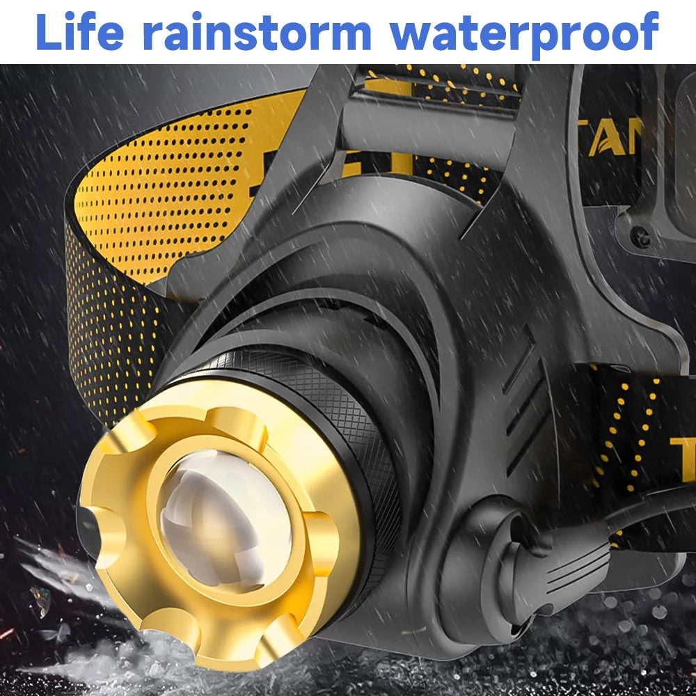 Powerful 9900 Lumen LED Rechargeable Headlamp - 3 Modes, 90° Adjustable, Ideal for Camping and Outdoor Adventures