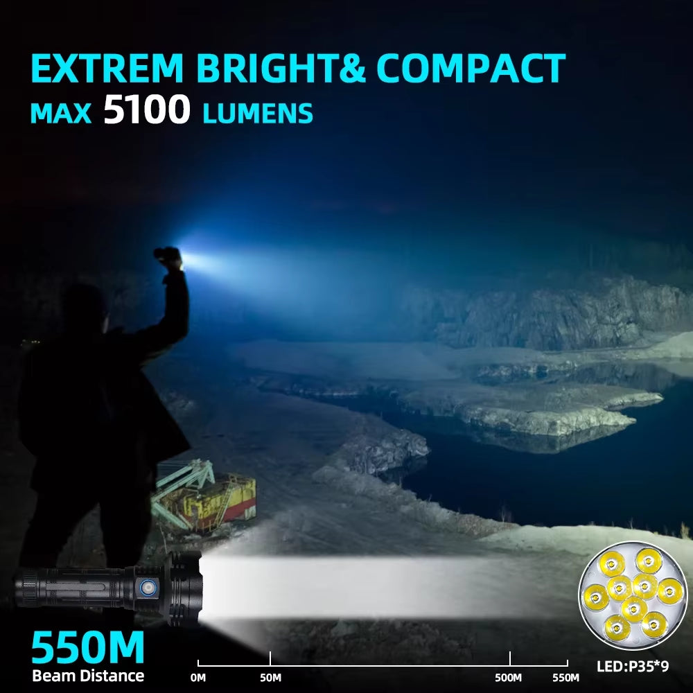 Ultra-Bright 5100 Lumen LED Torch - Rechargeable Aluminum Flashlight with SOS Mode for Outdoor Adventures