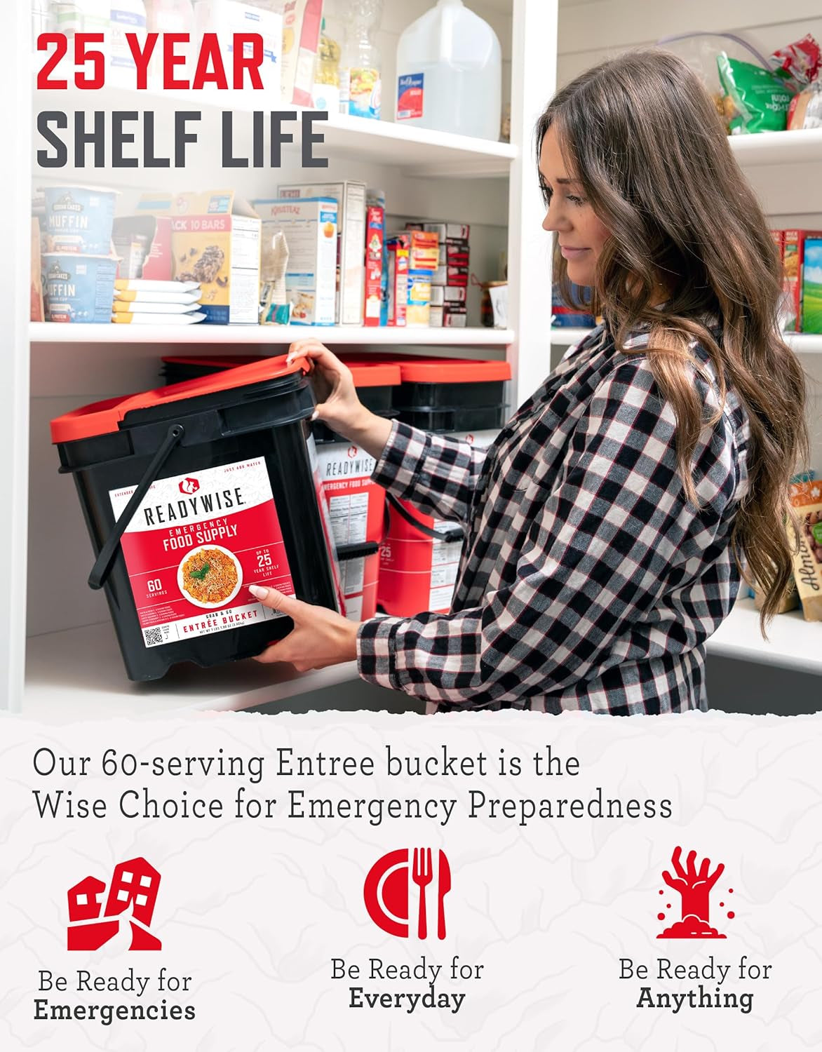 60-Serving Emergency Food Supply Bucket - Delicious Freeze-Dried Meals Packed with Protein for Camping, Road Trips, and Survival Preparedness - Long-Lasting Freshness for Up to 25 Years