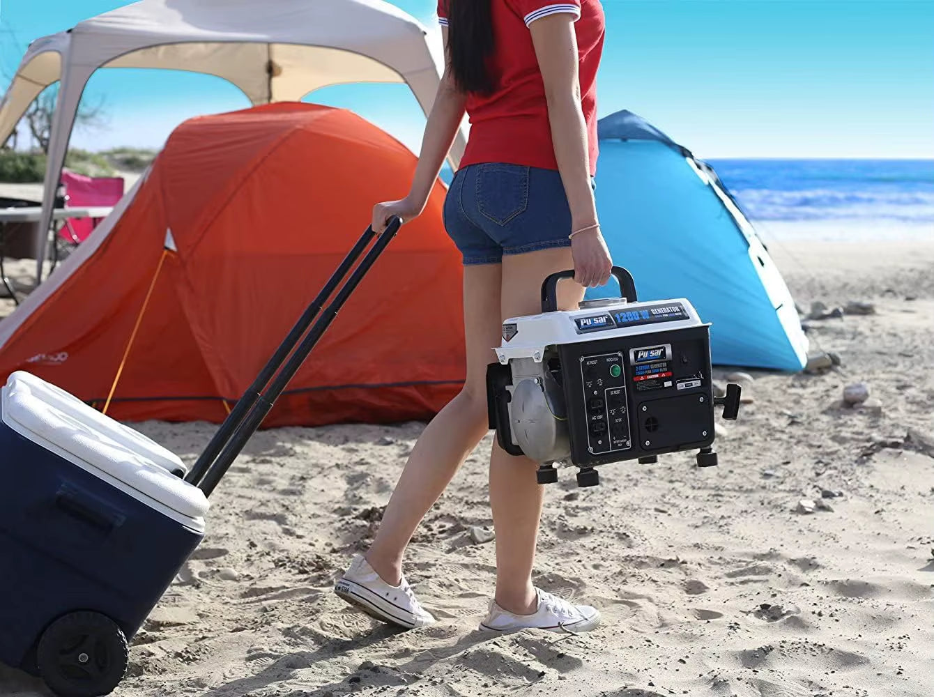 Unleash Power Anywhere with the PG1202SA 1200W Portable Gas Generator - Sleek Black/White Design and Convenient Carrying Handle