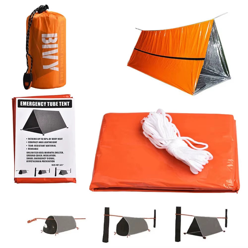 Outdoor 2-Person Emergency Shelter Survival Tent Kit Tube Tent Sleeping Bag Waterproof Outdoor First Aid Hot Blanket Reusable