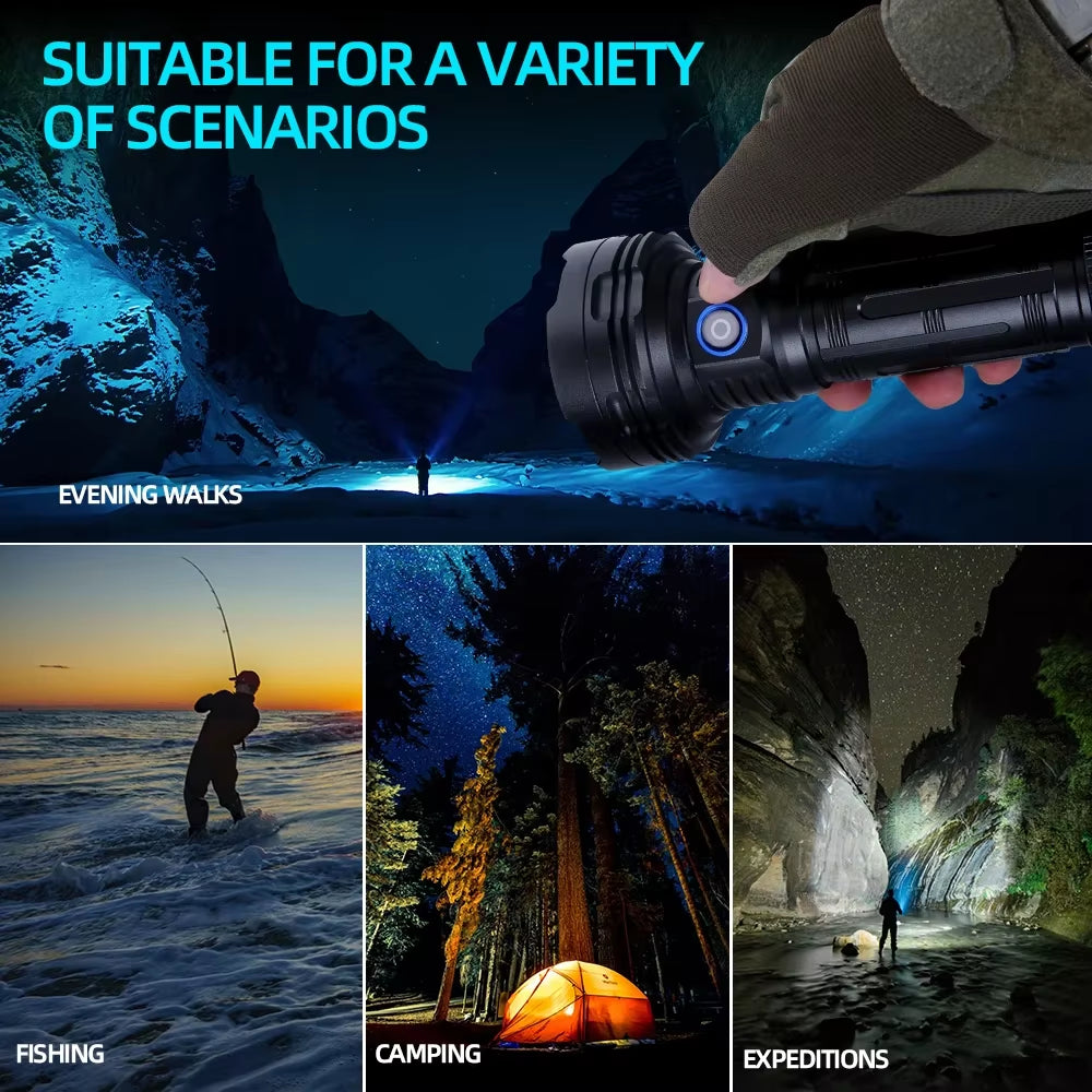Ultra-Bright 5100 Lumen LED Torch - Rechargeable Aluminum Flashlight with SOS Mode for Outdoor Adventures