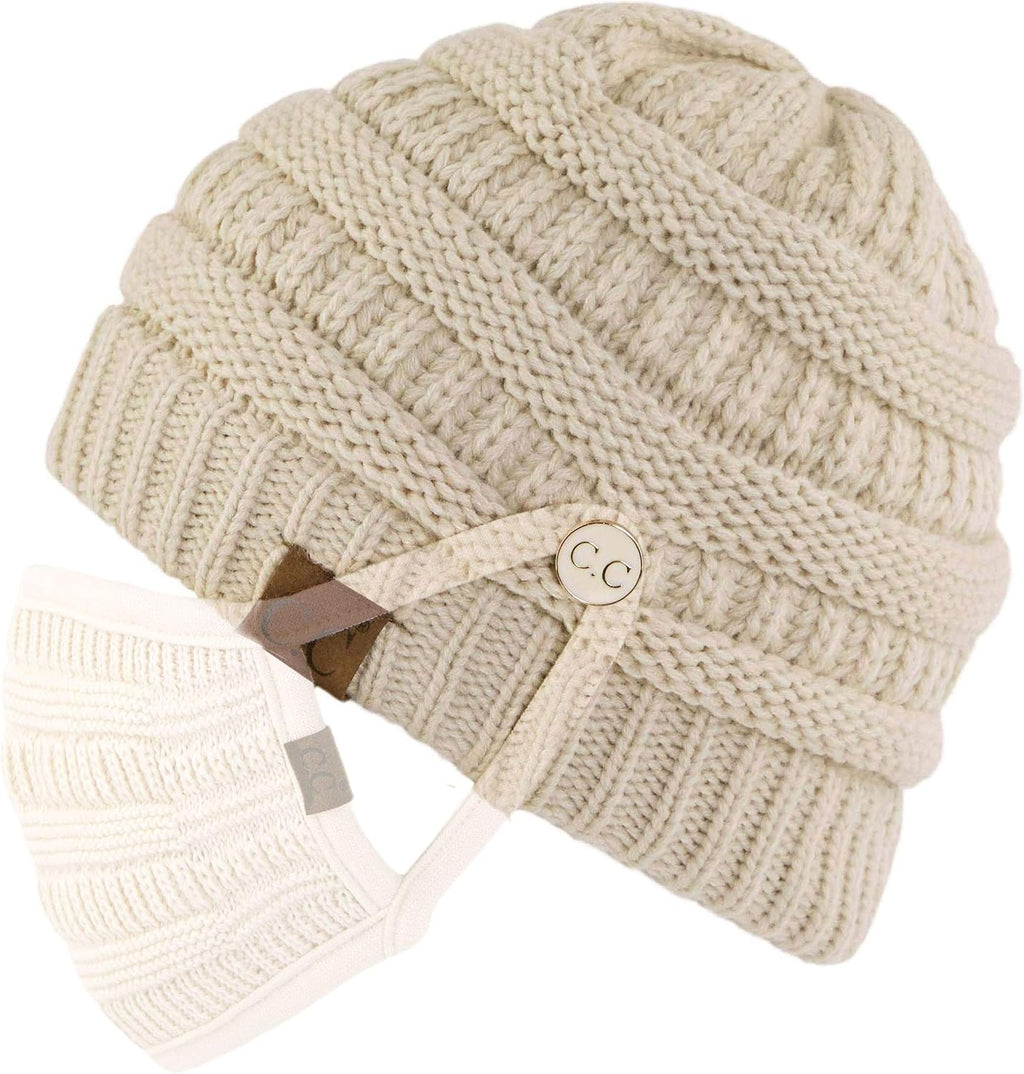 Stay Cozy and Stylish with Our Exclusives Cable Knit Beanie - Thick, Soft & Warm Chunky Ribbed Design Featuring an Epoxy Button for Face Mask (A Button Beige)