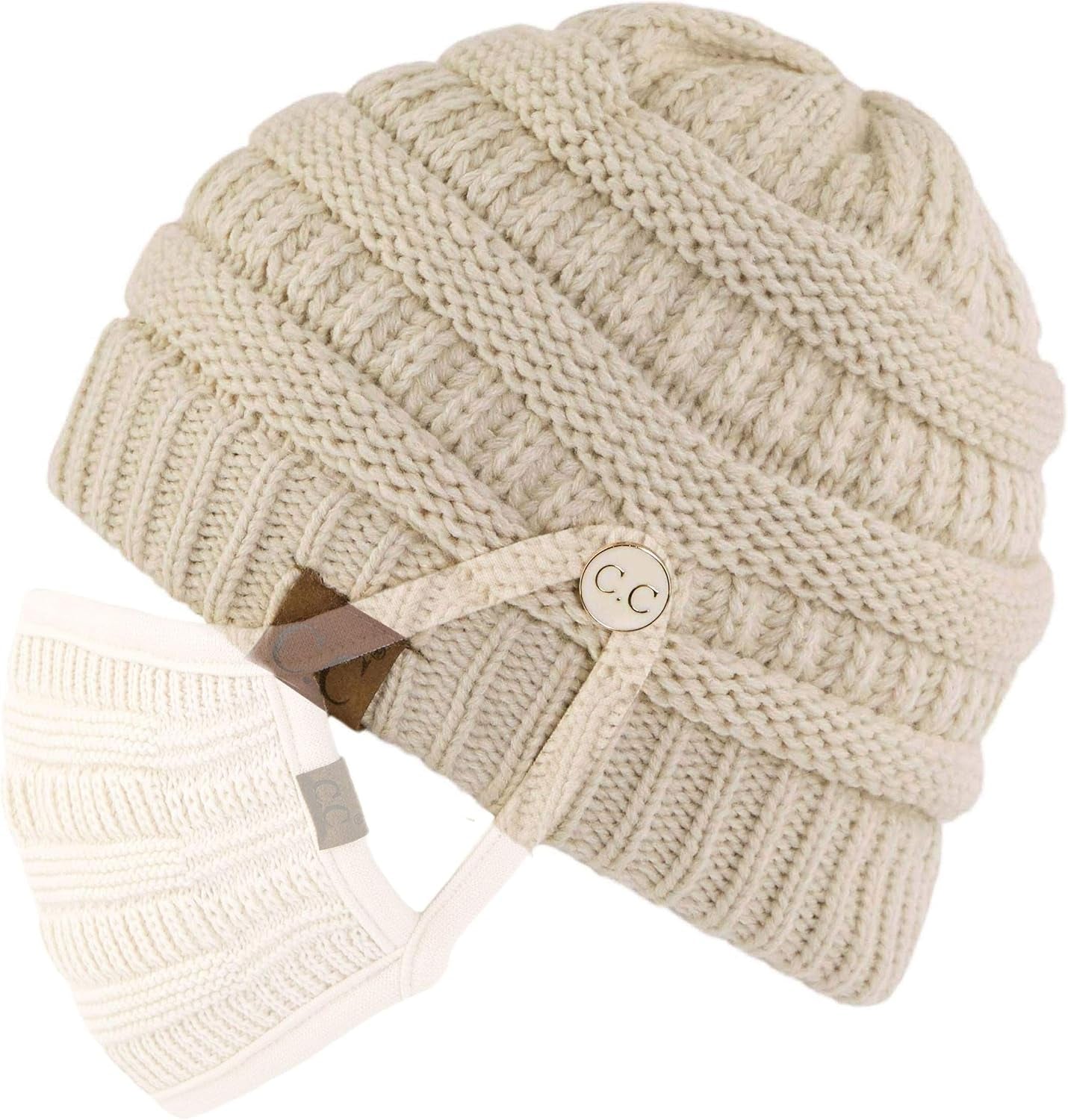 Stay Cozy and Stylish with Our Exclusives Cable Knit Beanie - Thick, Soft & Warm Chunky Ribbed Design Featuring an Epoxy Button for Face Mask (A Button Beige)